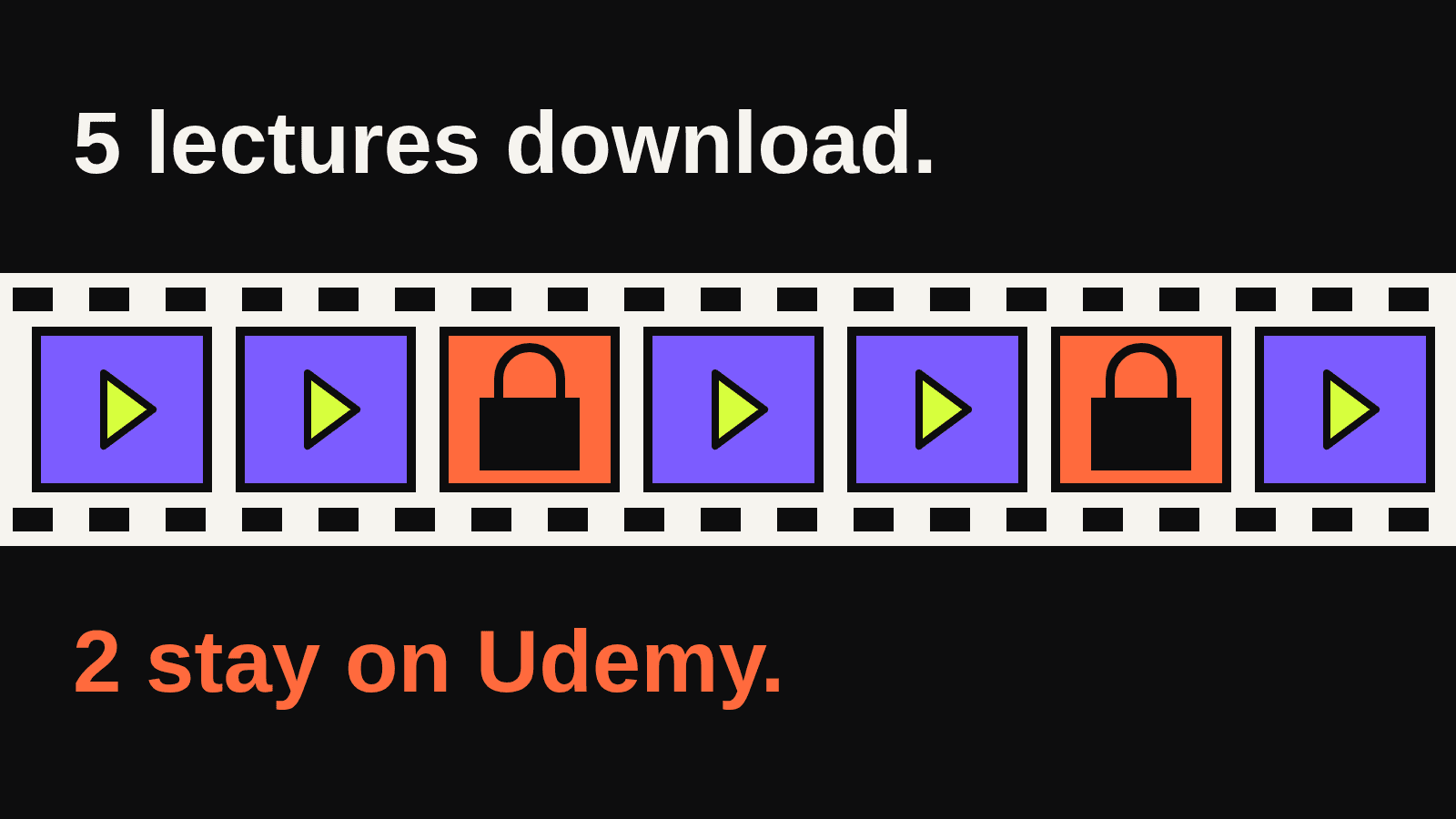 Illustration: a film strip of seven lectures, five with a play button and two with a padlock. Text: 5 lectures download. 2 stay on Udemy.