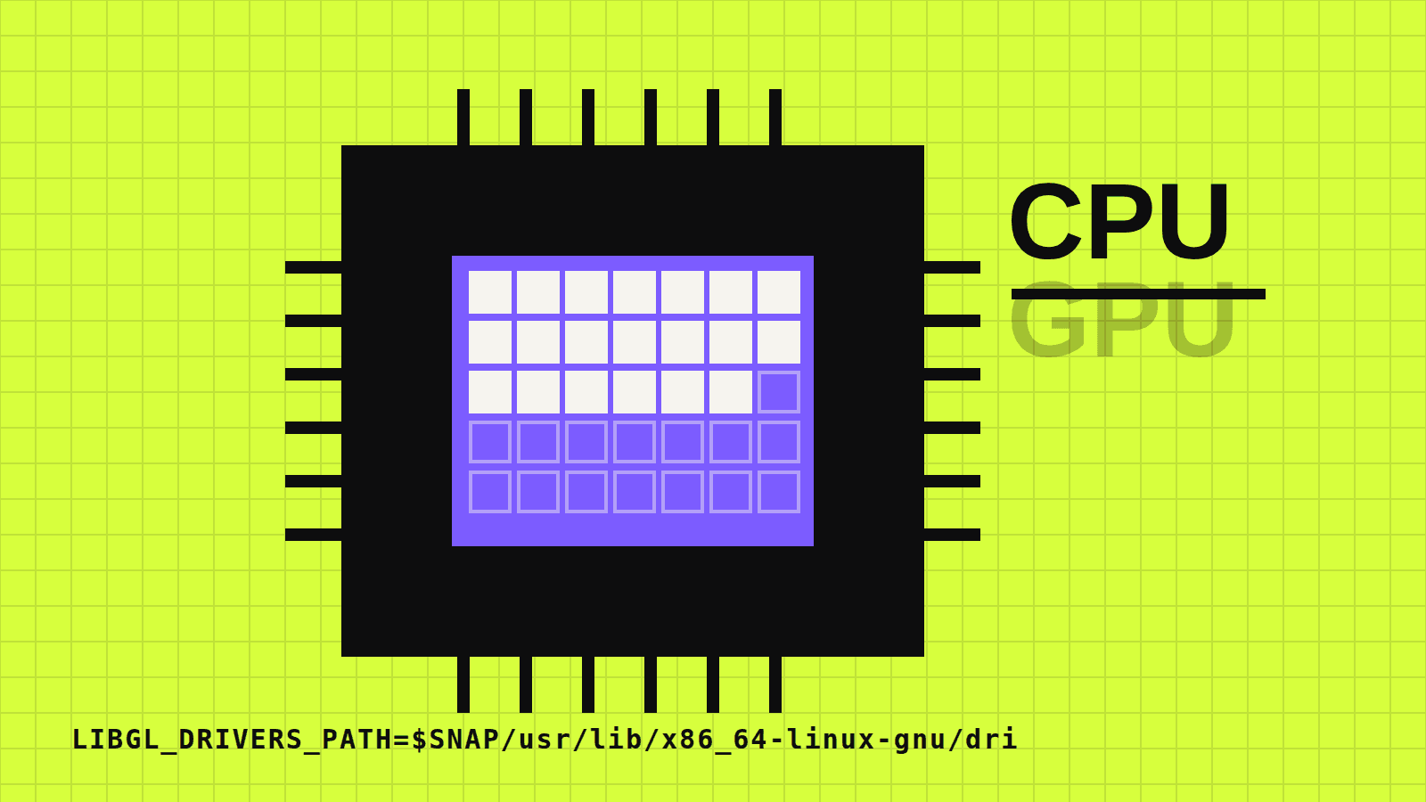 Illustration: a processor chip filling in a grid of pixels one square at a time, with the word CPU above a struck-through GPU.