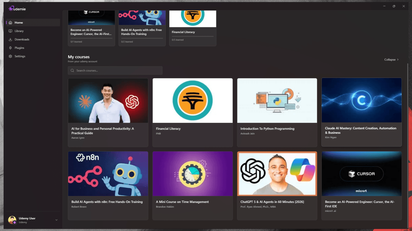The Udemie home screen, with courses from a Udemy account laid out as a library.