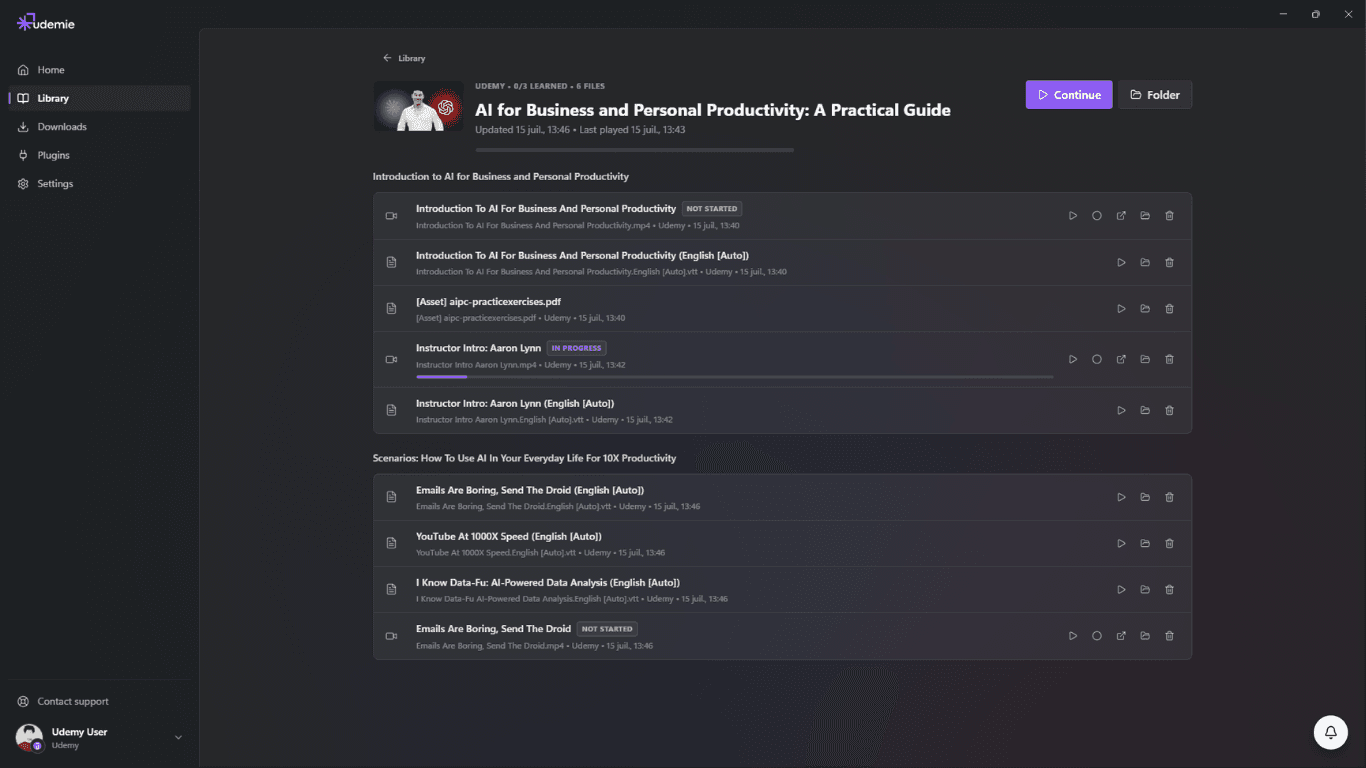A downloaded course in the Udemie library, with its lectures, subtitles and attached files.