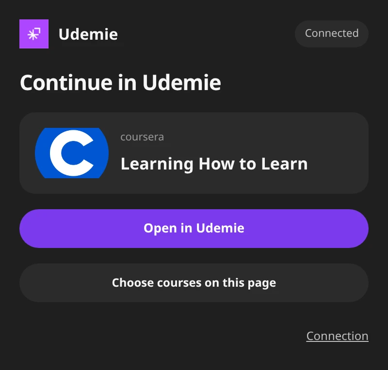 Fenêtre réelle d’Udemie Capture avec le même cours et le bouton Open in Udemie.